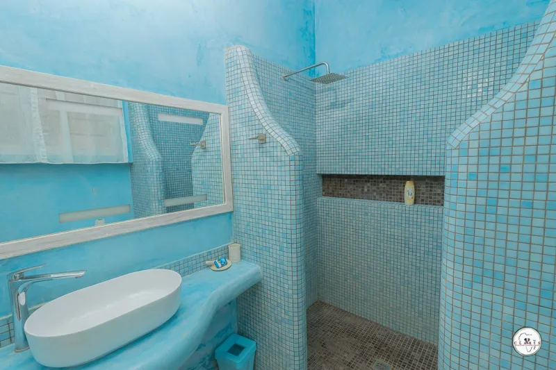 A blue mosaic bathroom