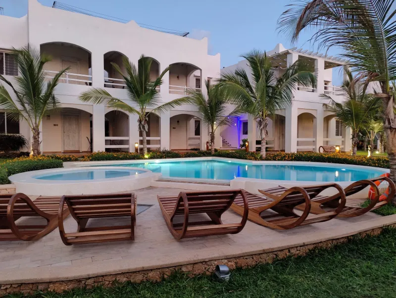 The pool lit up in the evening